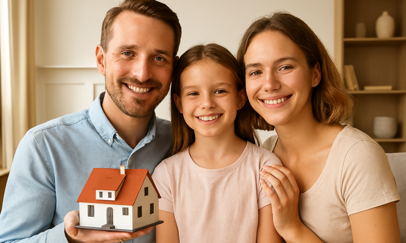 Junge Familie mit Modellhaus in den Händen, lächelnd im Wohnzimmer – Symbol für Immobilieninvestition und Familienglück.